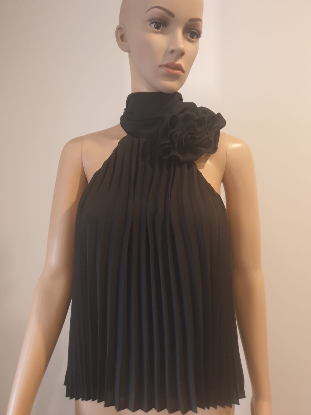 Pleated Halter Top with Floral Neck Detail - Black